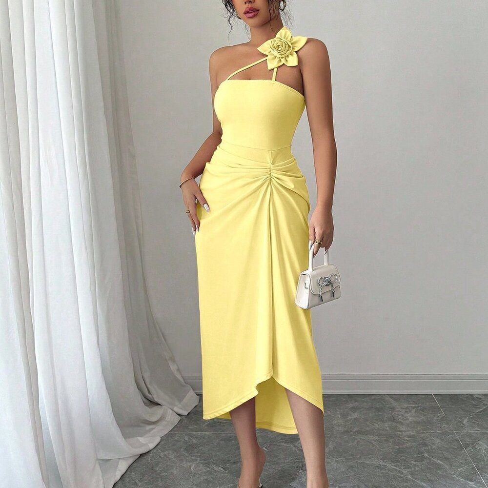 Yellow Elegant Women's 3d Floral Pleated Dress - Picture 4 of 6